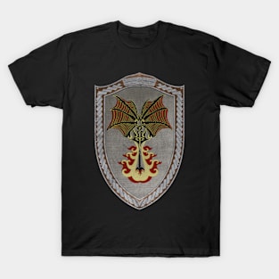 Crimson Defiance (Shield moonsilver Celtic Rope on wood) T-Shirt